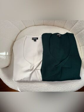 Express Knit Twist-Front Sweaters — White & Dark Green in Size Small
